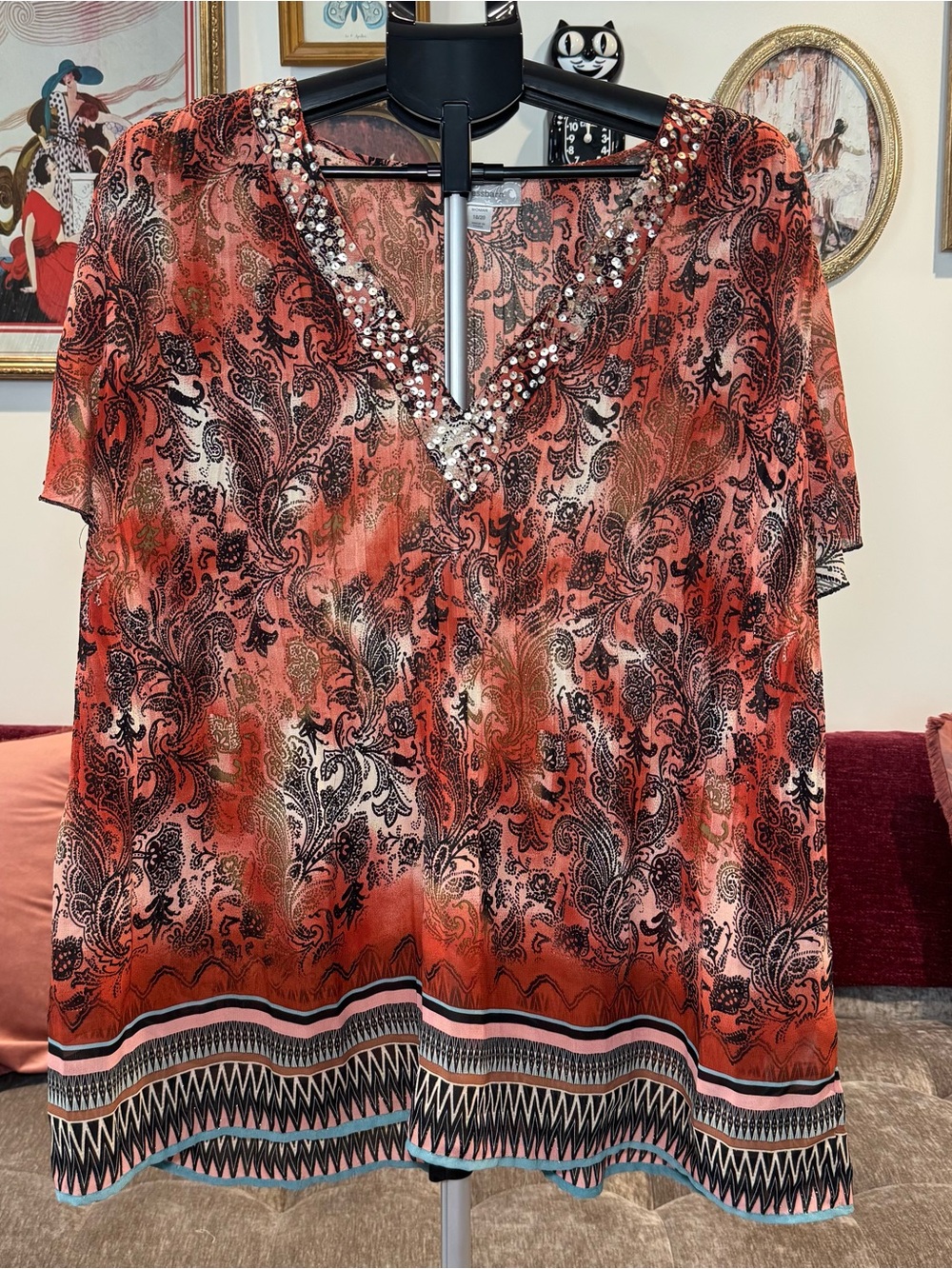 Beaded V-Neck Paisley Tunic in Orange and Black